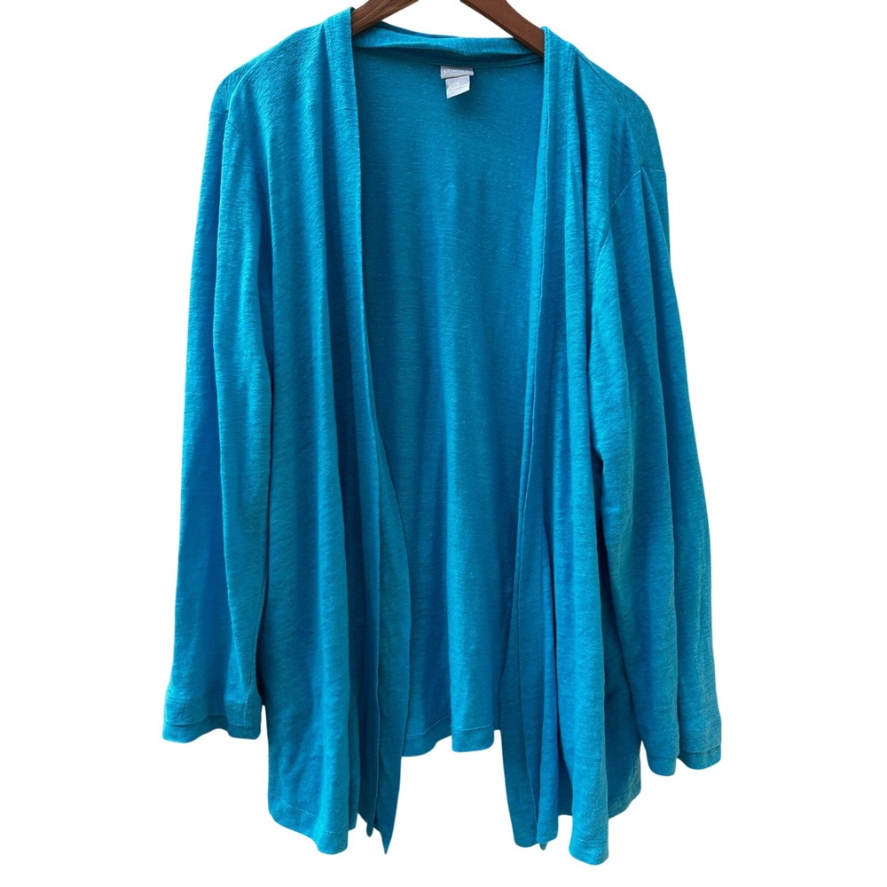 Chicos Linen Open Front Cardigan Turquoise Lagenlook Knit Lightweight Size XXL